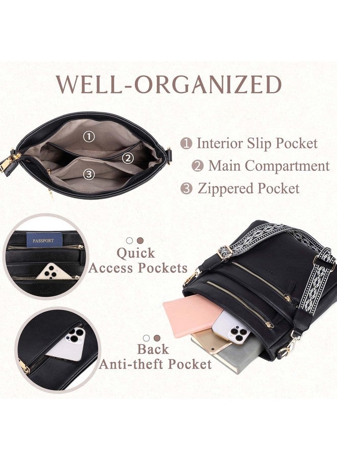 Vaschy Crossbody Bag Purse For Women Fashion Vegan Leather Medium Multipocket Cross Body Messenger Bag Handbag With Guitar Strap Black - Image 3