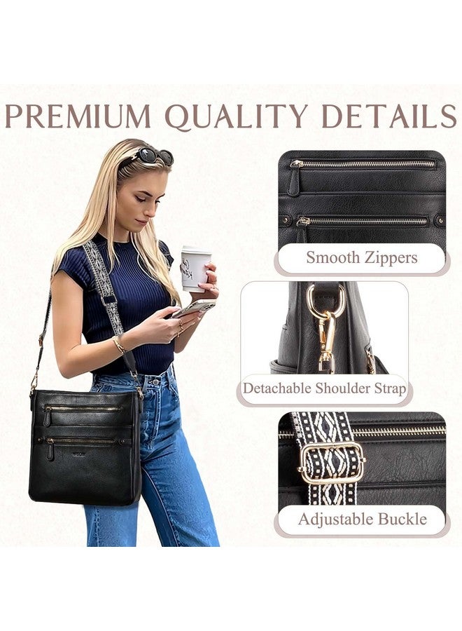 Vaschy Crossbody Bag Purse For Women Fashion Vegan Leather Medium Multipocket Cross Body Messenger Bag Handbag With Guitar Strap Black - Image 4