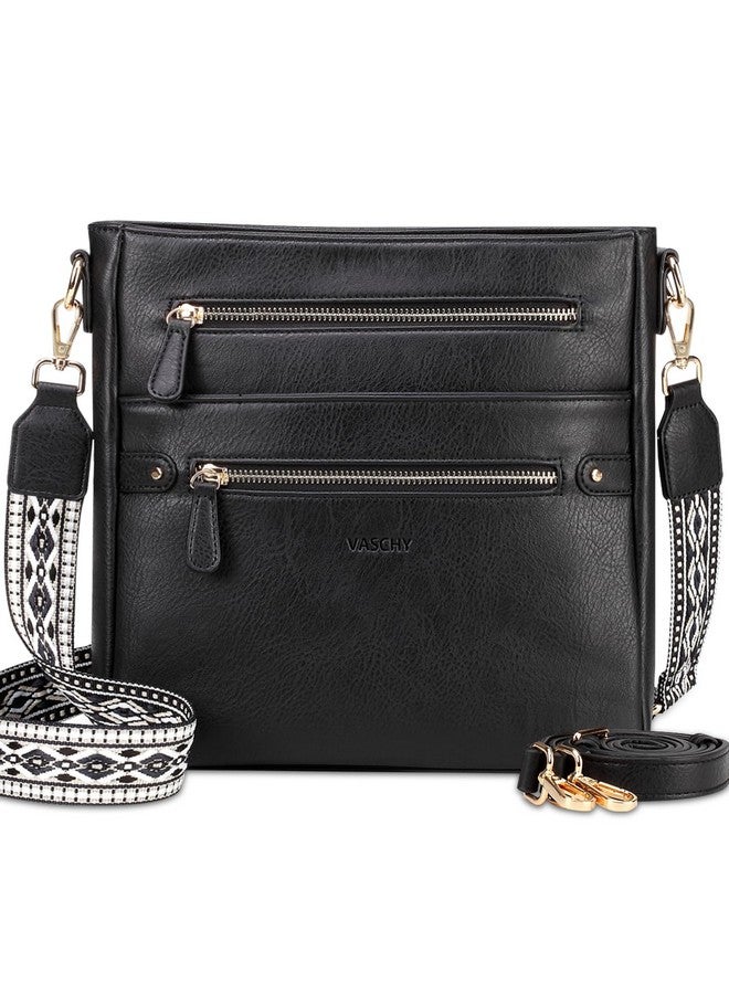 Vaschy Crossbody Bag Purse For Women Fashion Vegan Leather Medium Multipocket Cross Body Messenger Bag Handbag With Guitar Strap Black - Image 1