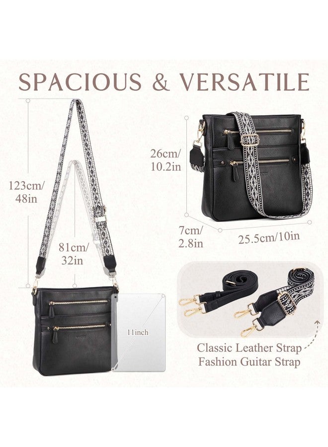 Vaschy Crossbody Bag Purse For Women Fashion Vegan Leather Medium Multipocket Cross Body Messenger Bag Handbag With Guitar Strap Black - Image 2