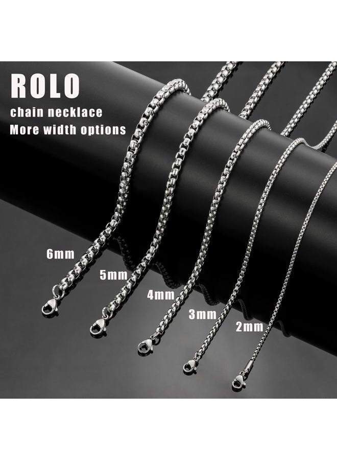 Monily Square Rolo Chain Necklace Stainless Steel Round Box Necklace for Men & Women, 24 Inches, Stainless Steel|Alloy Steel, Agate - Image 3
