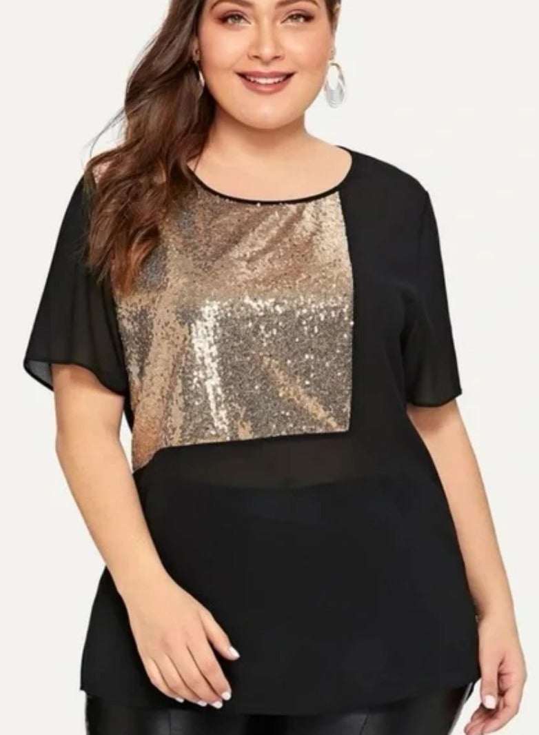 Women black chiffon sequin short sleeves blouse - Image 1