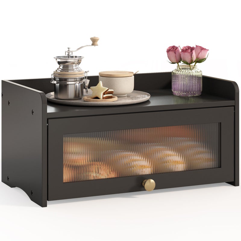 JANSNIMEN Bread Box for Kitchen Countertop, Large Bread Container Storage, Wooden Farmhouse Bread Box with Window Bread Holder (Vintage Black) - Image 1