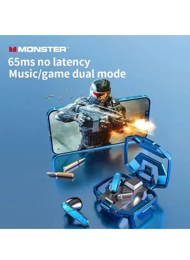 Monster XKT09 Wireless Bluetooth Earbuds Gaming Headphones Deep Bass Low Latency Game Headset with Built-in Microphone Noise Cancelling Blue