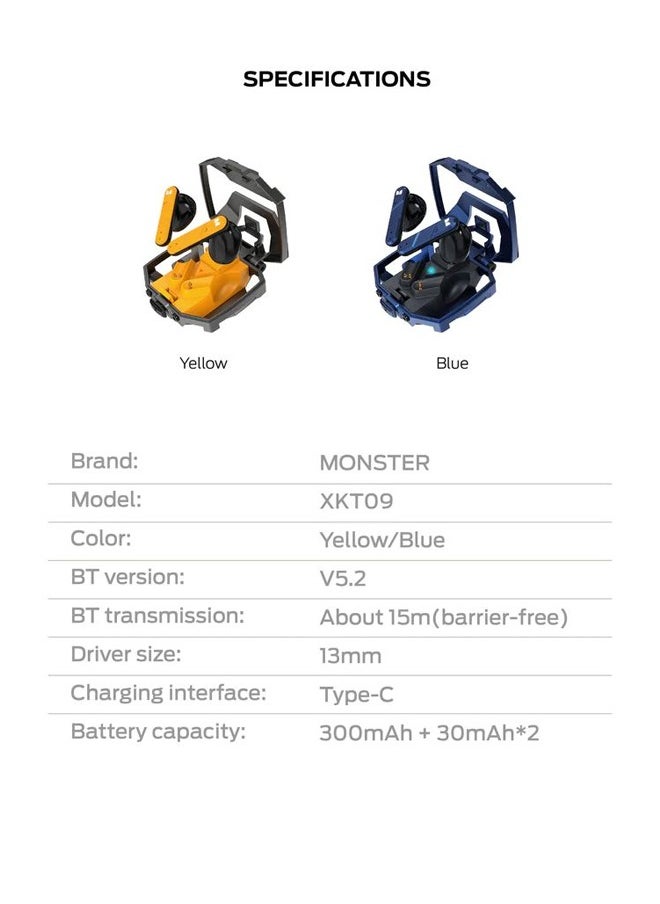 Monster XKT09 Wireless Bluetooth Earbuds Gaming Headphones Deep Bass Low Latency Game Headset with Built-in Microphone Noise Cancelling Blue
