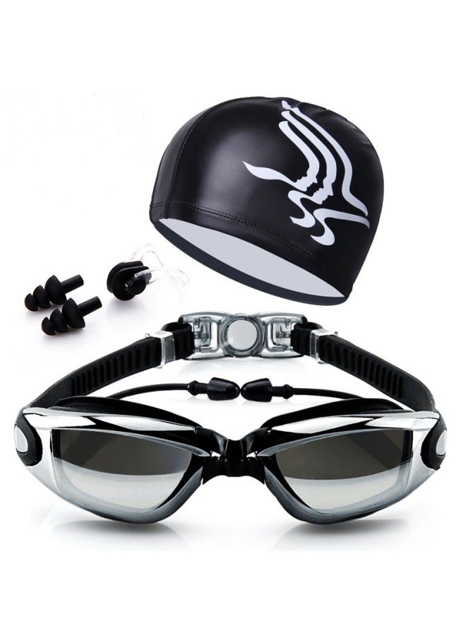 Generic Swimming Kit | Electroplated Swimming Goggles - Cap - Earplugs - Nose clip | Comfortable Adjustable Anti Fog UV Protected lenses | For Adults or Kids Men or Women | No Leaking | Black - Image 1