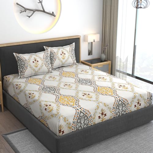 AMEYAA 350 TC Cotton Feel Glace Cotton All Around Elastic Fitted Bedsheets Queen Size | Premium Super Soft Fitted Bedsheet Queen Size for Double Bed | Fits Up to 8 to 10 Inches, 60 x 78, Yellow - Image 2