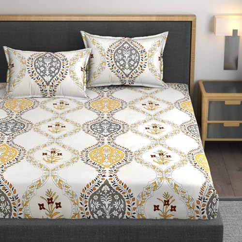 AMEYAA 350 TC Cotton Feel Glace Cotton All Around Elastic Fitted Bedsheets Queen Size | Premium Super Soft Fitted Bedsheet Queen Size for Double Bed | Fits Up to 8 to 10 Inches, 60 x 78, Yellow - Image 1