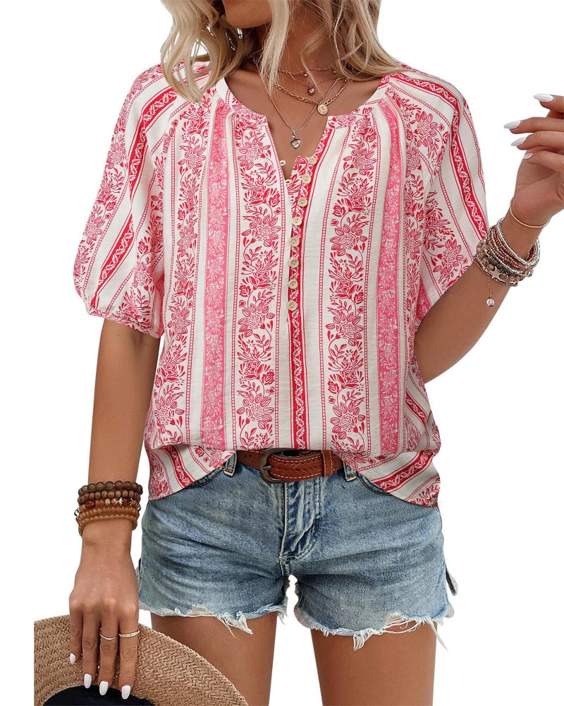 Unixseque Boho Tops for Women 2025: Womens Short Sleeve Button Down Shirts Floral Print - Beach Shirts for Women - Holiday Outfits Cute Blouses Summer Clothes Ladies Tops and Blouses - Image 1