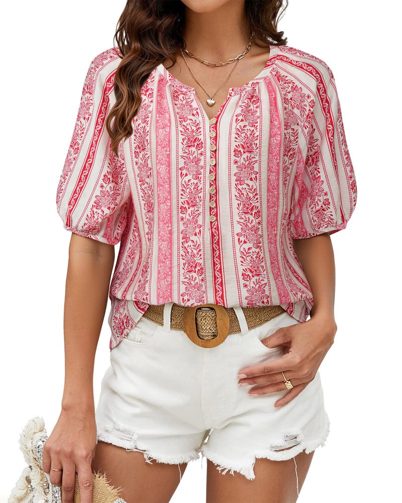 Unixseque Boho Tops for Women 2025: Womens Short Sleeve Button Down Shirts Floral Print - Beach Shirts for Women - Holiday Outfits Cute Blouses Summer Clothes Ladies Tops and Blouses - Image 4