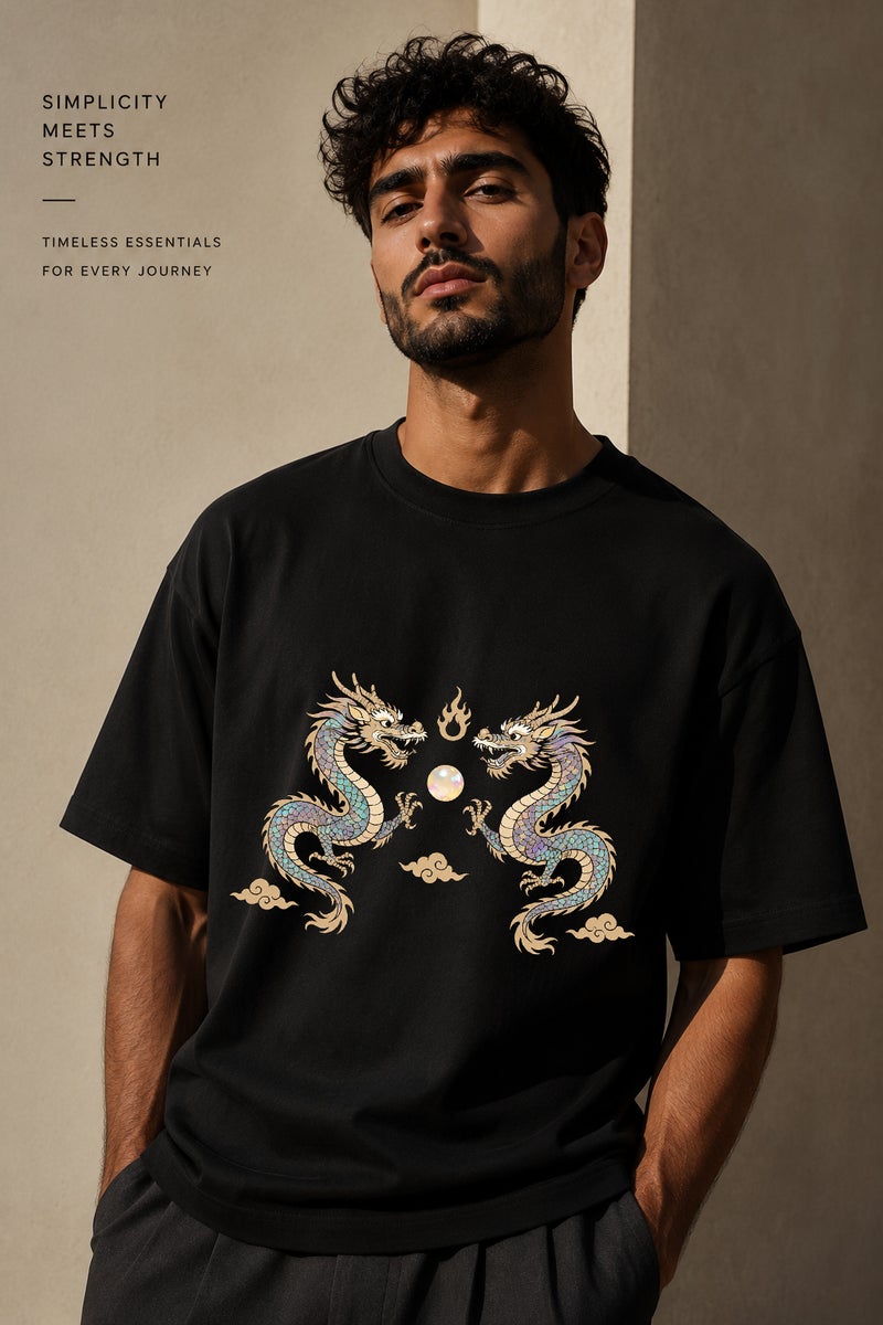 Men's Oversized Black Dragon Graphic T-Shirt Casual Short Sleeve Crew Neck Streetwear Tee - Image 1