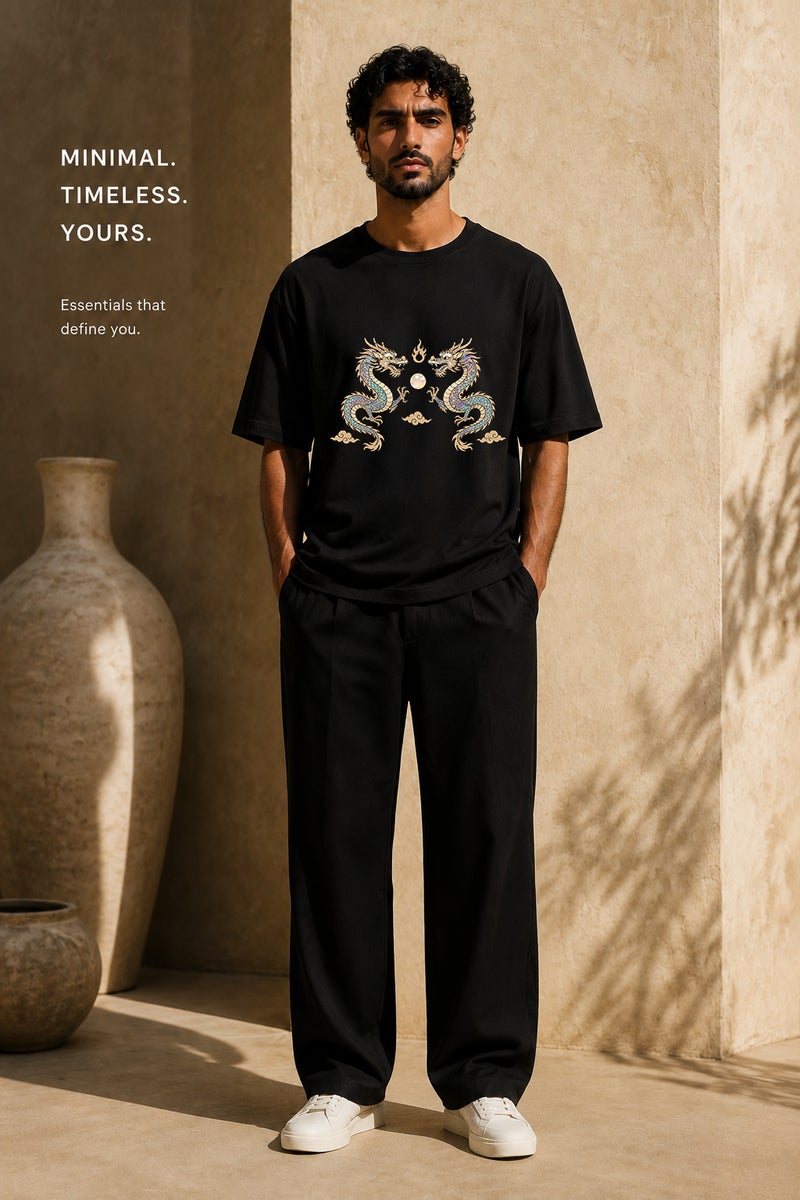 Men's Oversized Black Dragon Graphic T-Shirt Casual Short Sleeve Crew Neck Streetwear Tee - Image 2