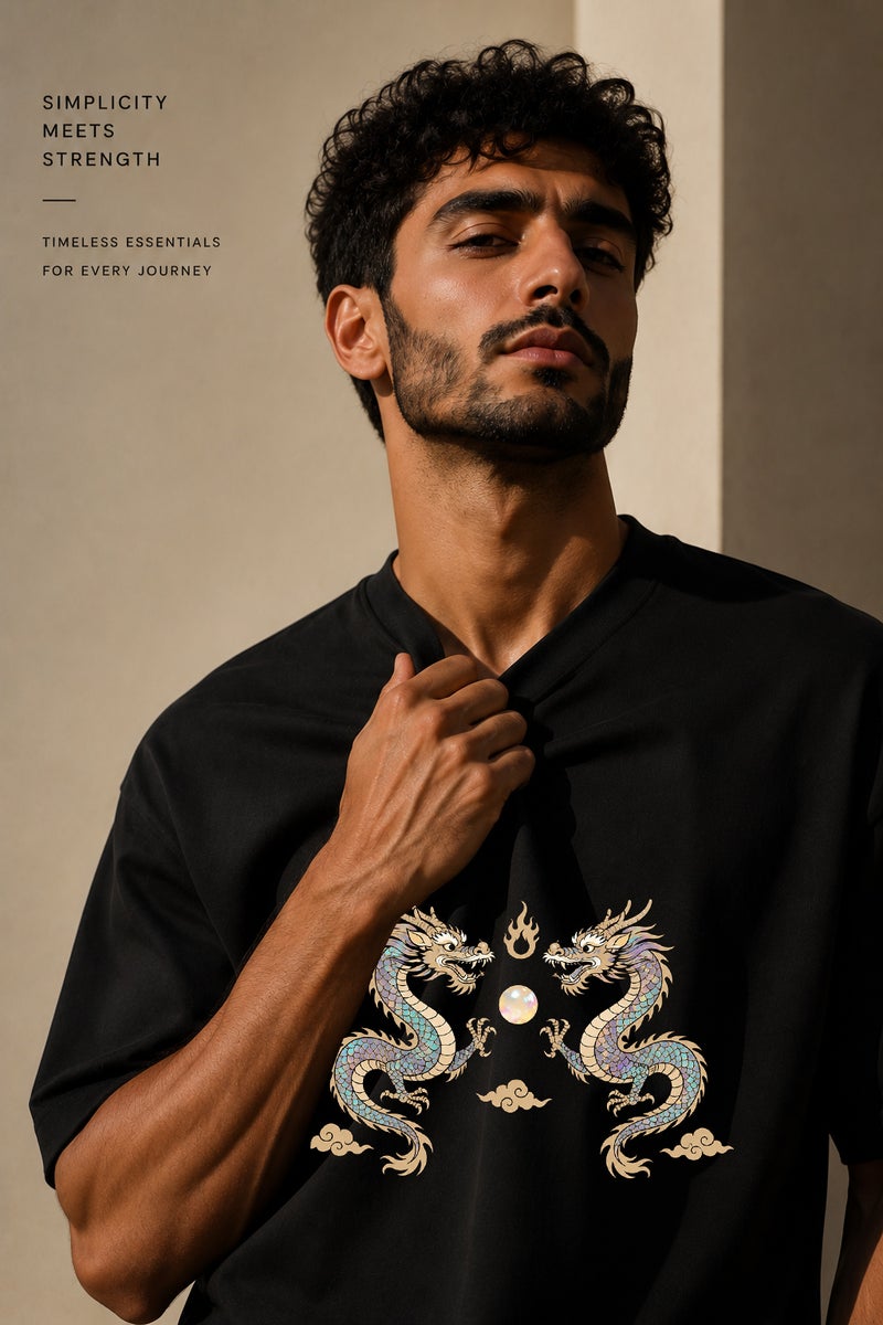 Men's Oversized Black Dragon Graphic T-Shirt Casual Short Sleeve Crew Neck Streetwear Tee - Image 5
