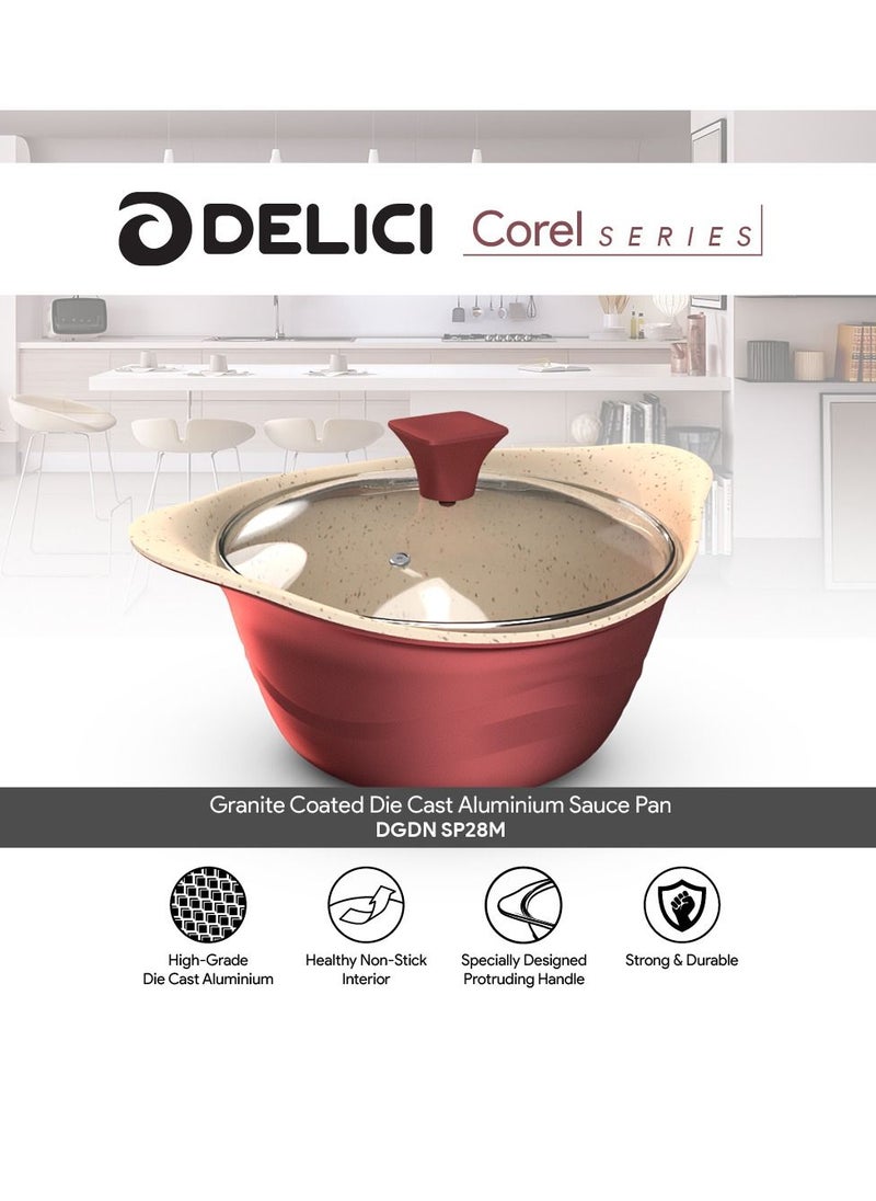 DELICI Granite Coated Die Cast Aluminium Sauce Pan with Lid Maroon/White  - Image 2
