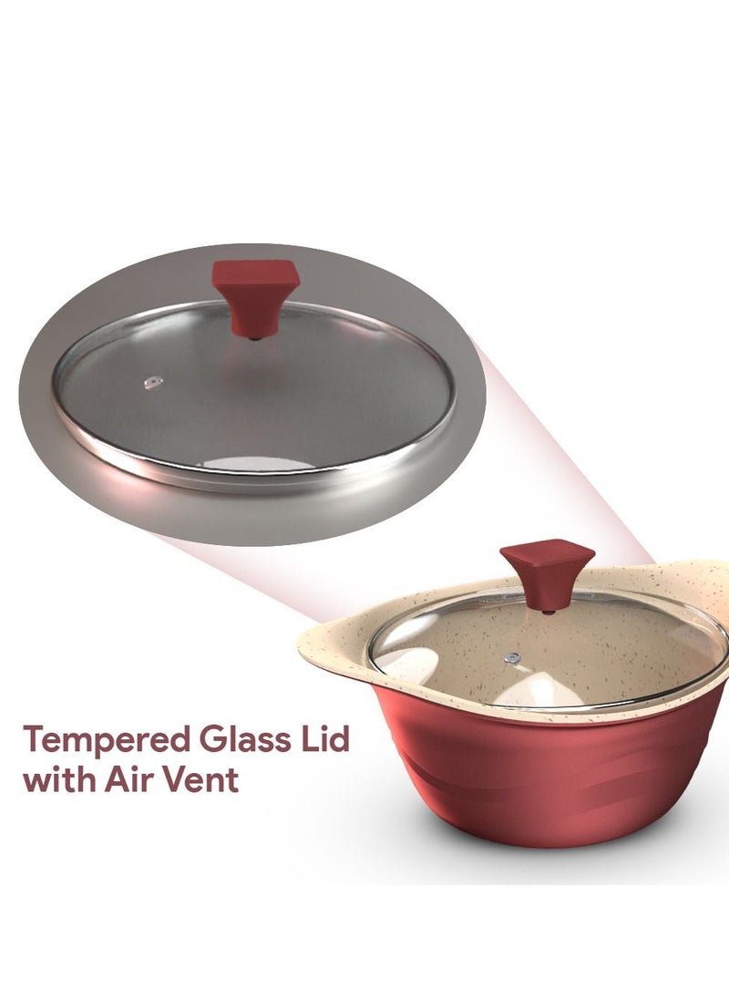 DELICI Granite Coated Die Cast Aluminium Sauce Pan with Lid Maroon/White  - Image 3