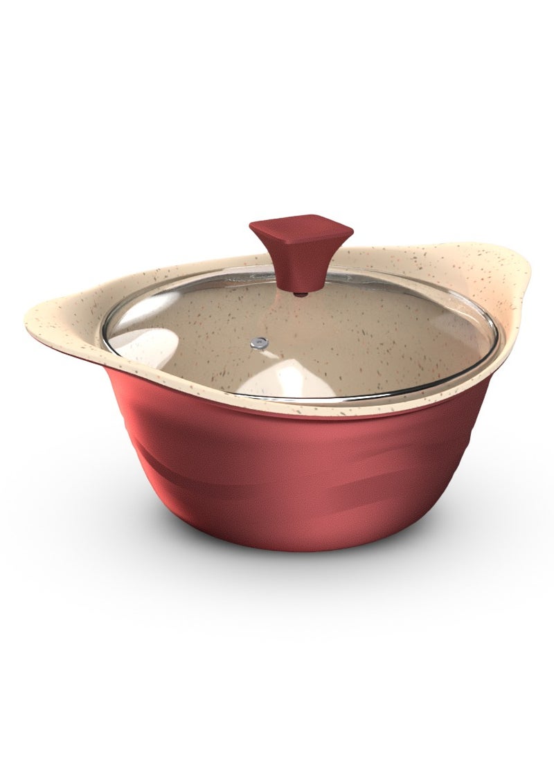DELICI Granite Coated Die Cast Aluminium Sauce Pan with Lid Maroon/White  - Image 1