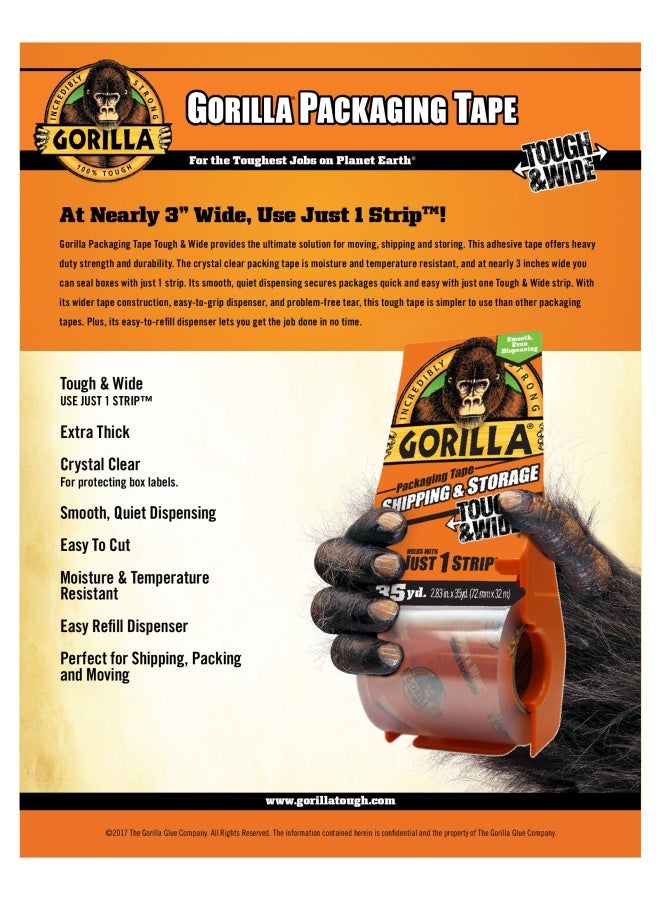 Gorilla Packing Tape Tough & Wide with Dispenser for Moving, Shipping and Storage, 2.83" x 35 yd, Clear, (Pack of 1) - Image 2