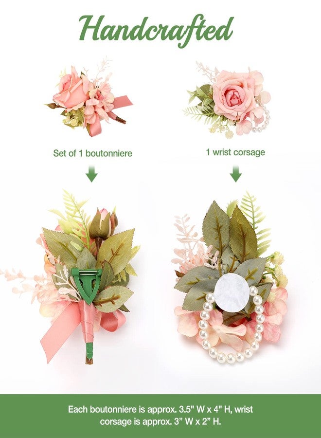 Ndeno Ivory Rose Wrist Corsage and Boutonniere Set Artificial Men Corsage Wristlet Band Bracelet for White Wedding Flowers Ceremony Accessories Prom Suit Decorations (2, Pink) - Image 3