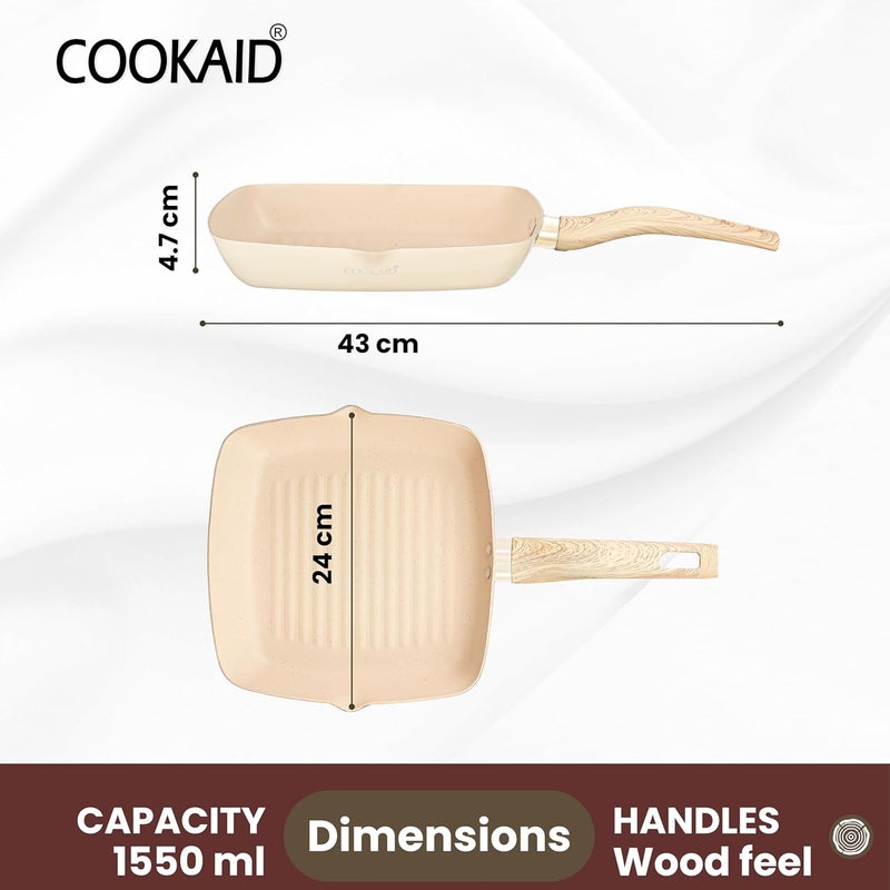 COOKAID Neo Glide Series Non Stick PTFE Grill Pan 24 cm| Aluminium Body| Gas & Induction Compatible| ISI Certified | Cream - Image 2