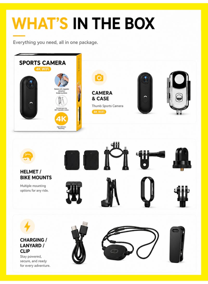 BASEMENT-1 4K Mini Body Camera with Anti-Shake, WiFi and 128GB Card, Thumb-Sized Action Camera with 10 Accessories, 120° Wide Angle, Magnetic Mount and 30m Waterproof Case for Bike, Helmet and POV Recording - Image 3