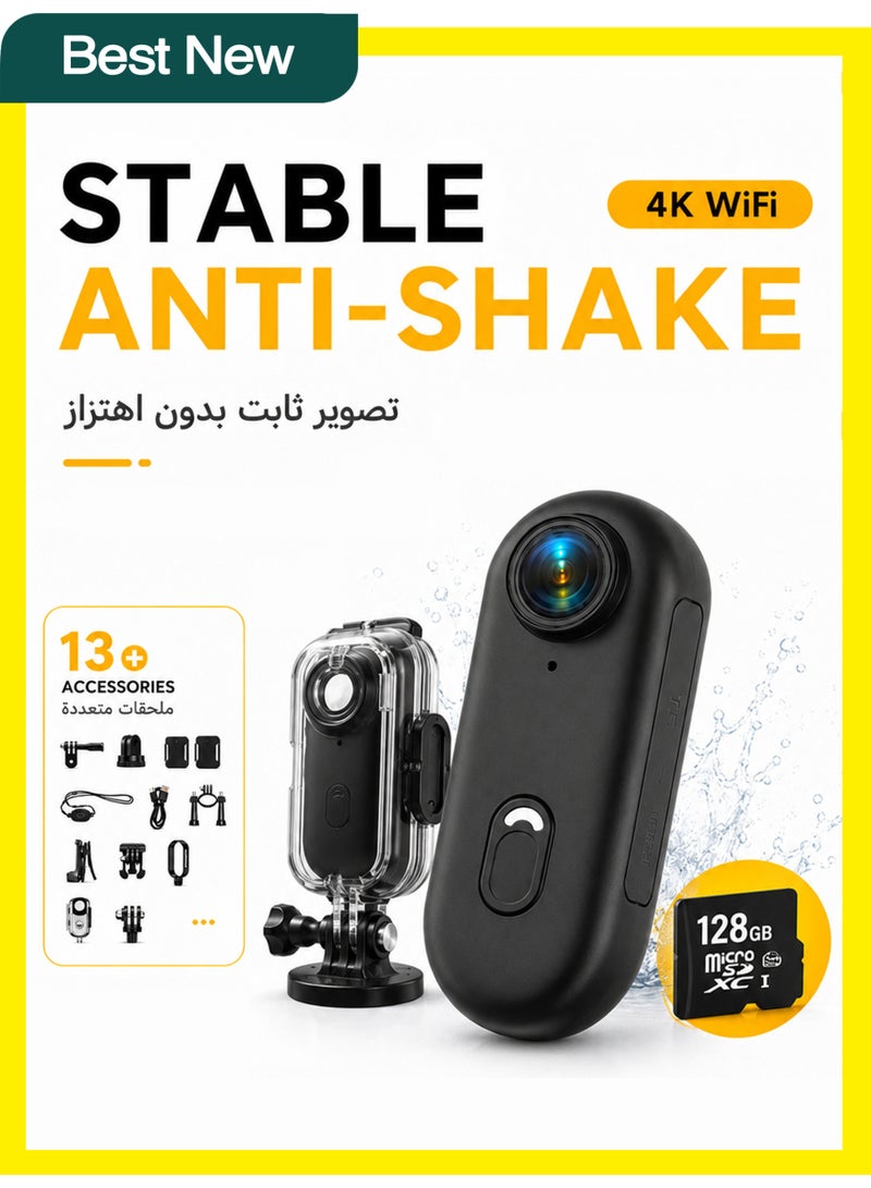 BASEMENT-1 4K Mini Body Camera with Anti-Shake, WiFi and 128GB Card, Thumb-Sized Action Camera with 10 Accessories, 120° Wide Angle, Magnetic Mount and 30m Waterproof Case for Bike, Helmet and POV Recording - Image 1