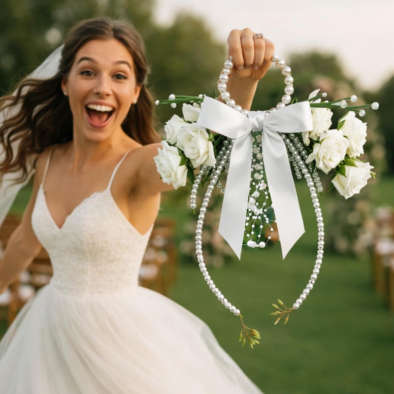 Novabright White Rose Bridal Bouquet with Pearl Handle, Bridal Pearly Bouquet with Rose Flowers with Pearl Bead for Wedding Party Church Bridesmaid - Image 4