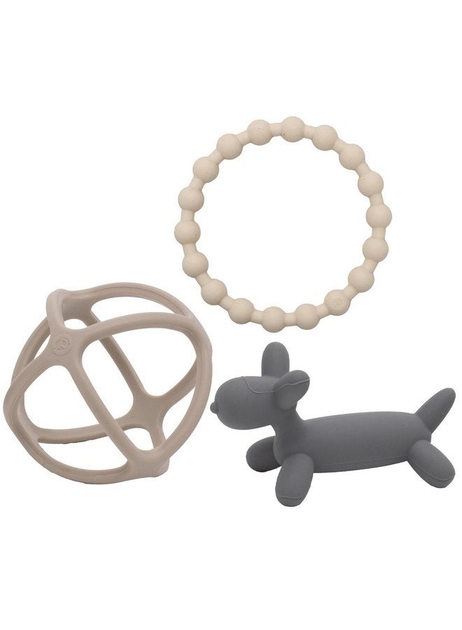 وي سبراوت ألعاب عضاضة للأطفال من السيليكون من WeeSprout للأطفال الرضع والأطفال الصغار، حلقة لطيفة، جرو كلب، وكرة، ناعمة ومرنة، خالية من مادة BPA، للأولاد والبنات (رمادي داكن غير لامع، بني فاتح وأبيض فاتح) - Image 1