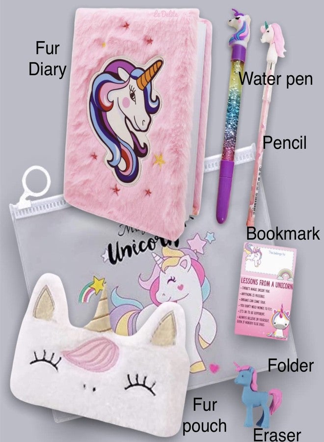 Le Delite Unicorn Fur Diary, Soft Furry Notebook Girls, Diary Kids, Notebook Stylish Diary Pen, Feather Diary Girls Kids, Pencil Box Pouch Eraser Pencil School case Stationery (Diary Combo 3) - Image 2