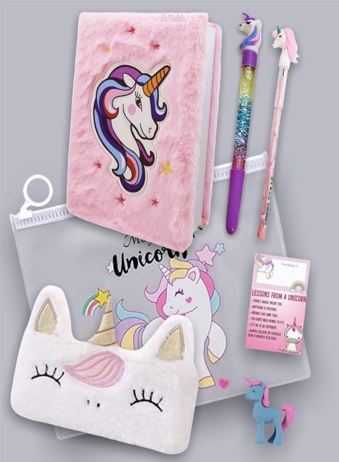 Le Delite Unicorn Fur Diary, Soft Furry Notebook Girls, Diary Kids, Notebook Stylish Diary Pen, Feather Diary Girls Kids, Pencil Box Pouch Eraser Pencil School case Stationery (Diary Combo 3) - Image 1