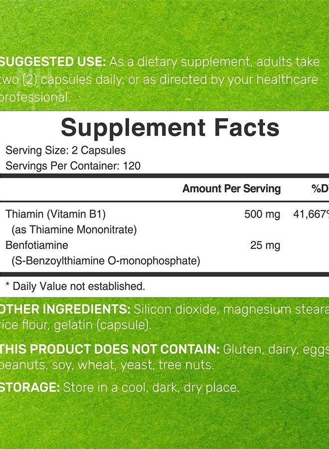 Eagleshine Vitamins فيتامين ب1 500 ملغ مع بنفوتيامين، 240 كبسولة – صيغة محسّنة 2 في 1 – مكمل ثيامين ب1 قابل للذوبان في الدهون والماء – مختبر من طرف ثالث، غير معدّل وراثيًا، خالي من الغلوتين - Image 2