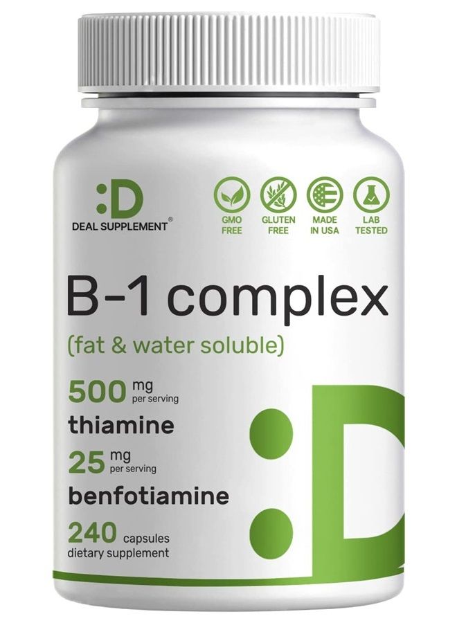 Eagleshine Vitamins فيتامين ب1 500 ملغ مع بنفوتيامين، 240 كبسولة – صيغة محسّنة 2 في 1 – مكمل ثيامين ب1 قابل للذوبان في الدهون والماء – مختبر من طرف ثالث، غير معدّل وراثيًا، خالي من الغلوتين - Image 1
