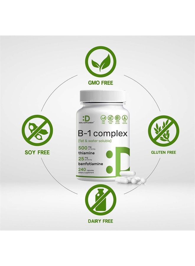 Eagleshine Vitamins فيتامين ب1 500 ملغ مع بنفوتيامين، 240 كبسولة – صيغة محسّنة 2 في 1 – مكمل ثيامين ب1 قابل للذوبان في الدهون والماء – مختبر من طرف ثالث، غير معدّل وراثيًا، خالي من الغلوتين - Image 3