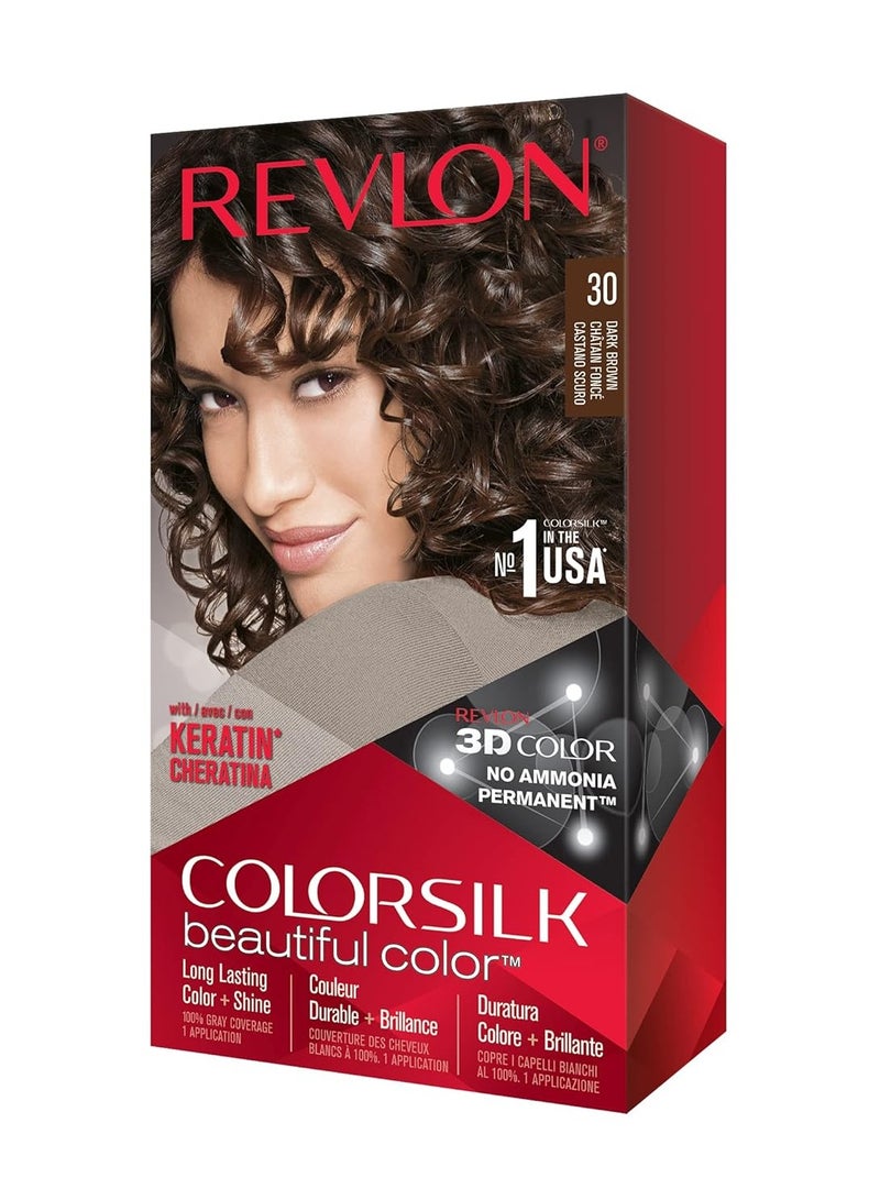 Revlon Colorsilk Beautiful Color Permanent Hair Dye with Keratin 100% Gray Coverage Ammonia Free 30 Dark Brown - Image 1