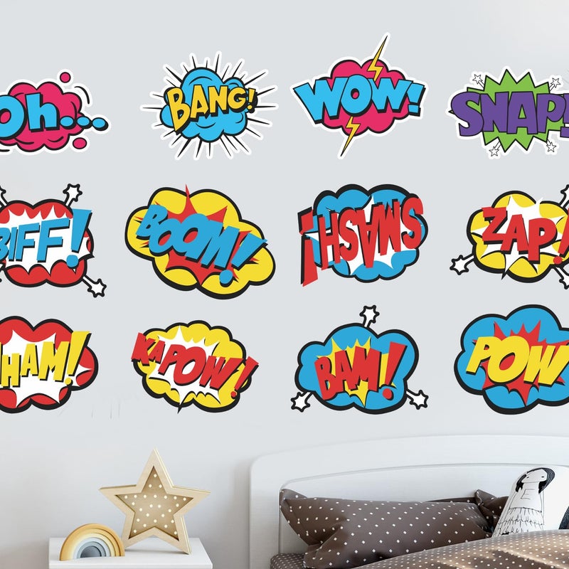 Superhero Comic Words Wall Decals 12 Pack Action Sound Effects Stickers Peel and Stick Vinyl Waterproof Durable Perfect for Kids Room Playroom Nursery Game Room or Office Decor 1