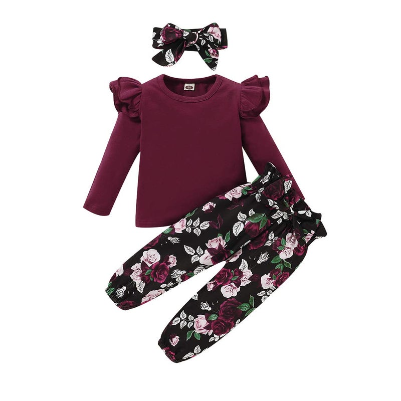 YALLET 3Pcs Toddler Girl Clothes Solid Color Long Sleeves Ruffle Top+Floral Pants+Headband 3-4T Fall/Winter Outfits Set - Image 1
