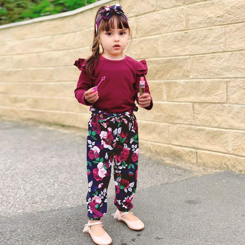 YALLET 3Pcs Toddler Girl Clothes Solid Color Long Sleeves Ruffle Top+Floral Pants+Headband 3-4T Fall/Winter Outfits Set - Image 2