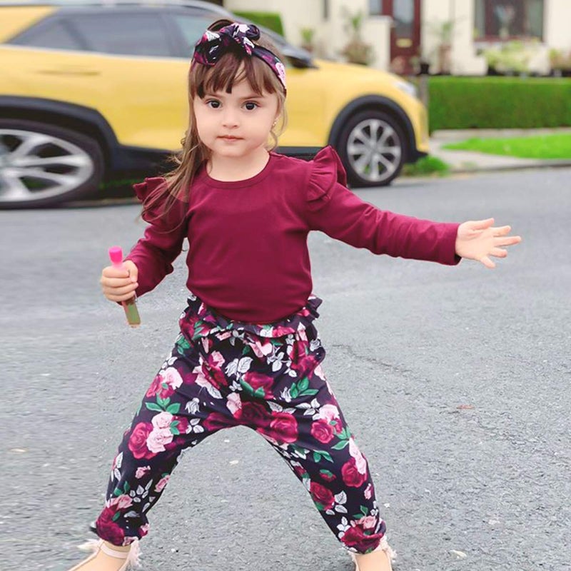 YALLET 3Pcs Toddler Girl Clothes Solid Color Long Sleeves Ruffle Top+Floral Pants+Headband 3-4T Fall/Winter Outfits Set - Image 3
