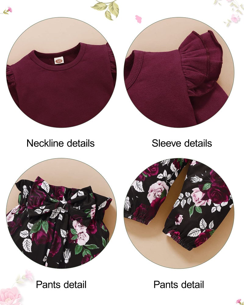 YALLET 3Pcs Toddler Girl Clothes Solid Color Long Sleeves Ruffle Top+Floral Pants+Headband 3-4T Fall/Winter Outfits Set - Image 5