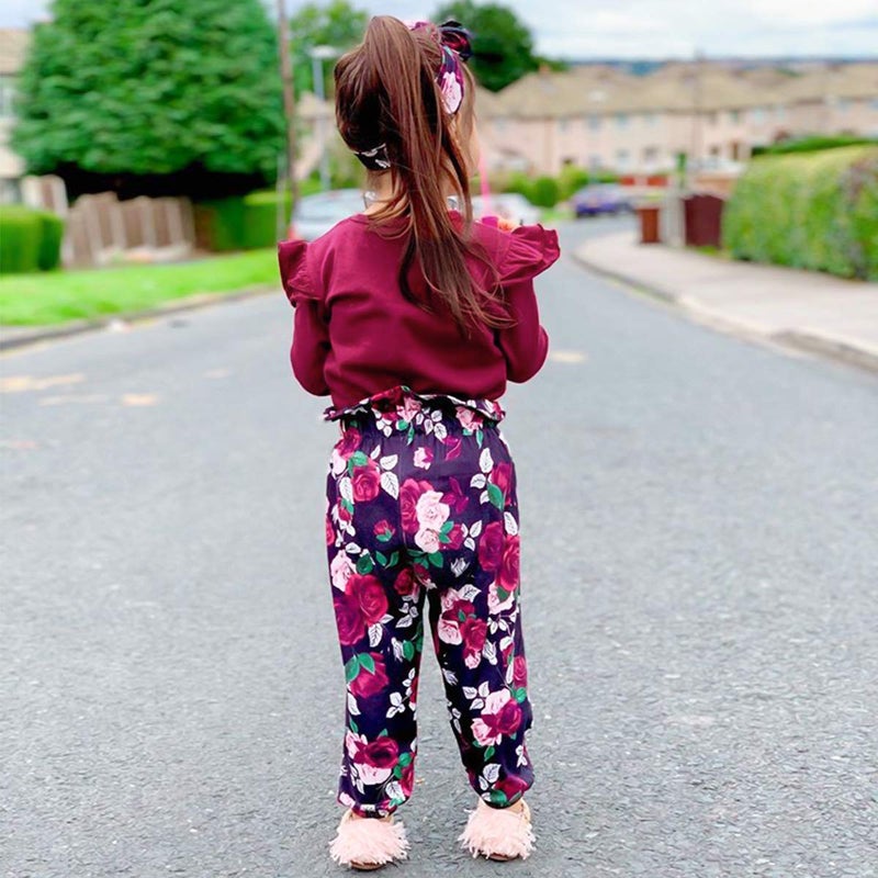 YALLET 3Pcs Toddler Girl Clothes Solid Color Long Sleeves Ruffle Top+Floral Pants+Headband 3-4T Fall/Winter Outfits Set - Image 4