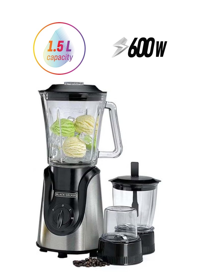 Dreamzon خلاط وصانع عصائر مع وعاء زجاجي ومفرمة ومطحنة/مفرمة سعة 1.5 لتر وقوة 600 وات BX600G-B5 فضي/أسود - Image 1