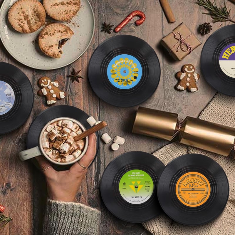 DuoMuo Funny Retro Record Coasters for Drinks with Vinyl Player Holder for Music Lovers Set of 6 Conversation Piece Sayings Drink Coaster Housewarming Hostess Wedding Registry Gift Ideas - Image 2