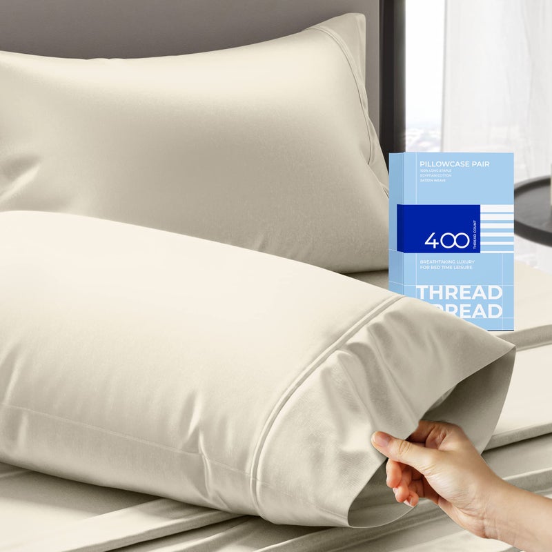 THREAD SPREAD Glee Queen/Standard Size Pillow Cases 2 Pc  Soft Smooth Cotton Pillowcases  400 Thread Count Sateen Weave  Ivory Pillow Covers - Perfect for Home  Hotels Hospital Use