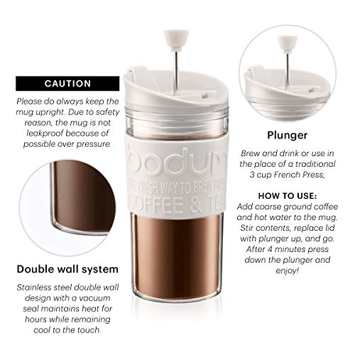 Bodum Travel Press Coffee Maker, Flip Top Lid, Double Wall, Plastic, 0.35 l, 12 oz, Off White - Image 4