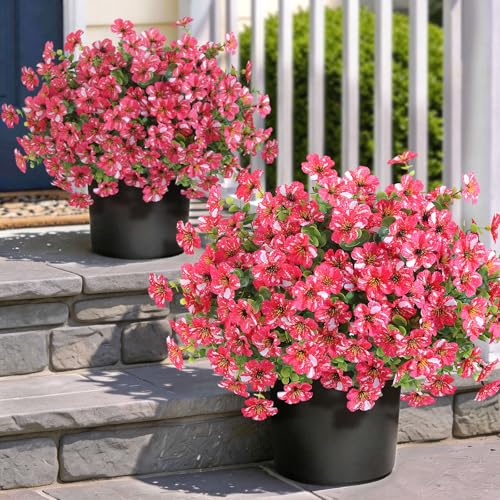 GLIDLION Artificial Morning Glory & Eucalyptus Topiary Trees - Set of 2 Faux Silk Flower Potted Plants, UV-Resistant Fake Outdoor Morning Glory Bushes for Front Door, Yard, Farmhouse, Garden Decor (Rose Red) - Image 1