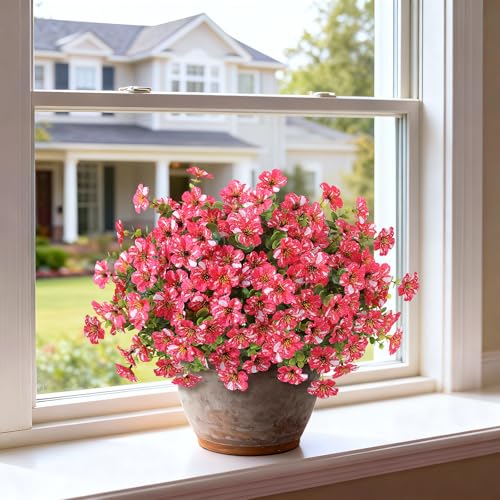 GLIDLION Artificial Morning Glory & Eucalyptus Topiary Trees - Set of 2 Faux Silk Flower Potted Plants, UV-Resistant Fake Outdoor Morning Glory Bushes for Front Door, Yard, Farmhouse, Garden Decor (Rose Red) - Image 3