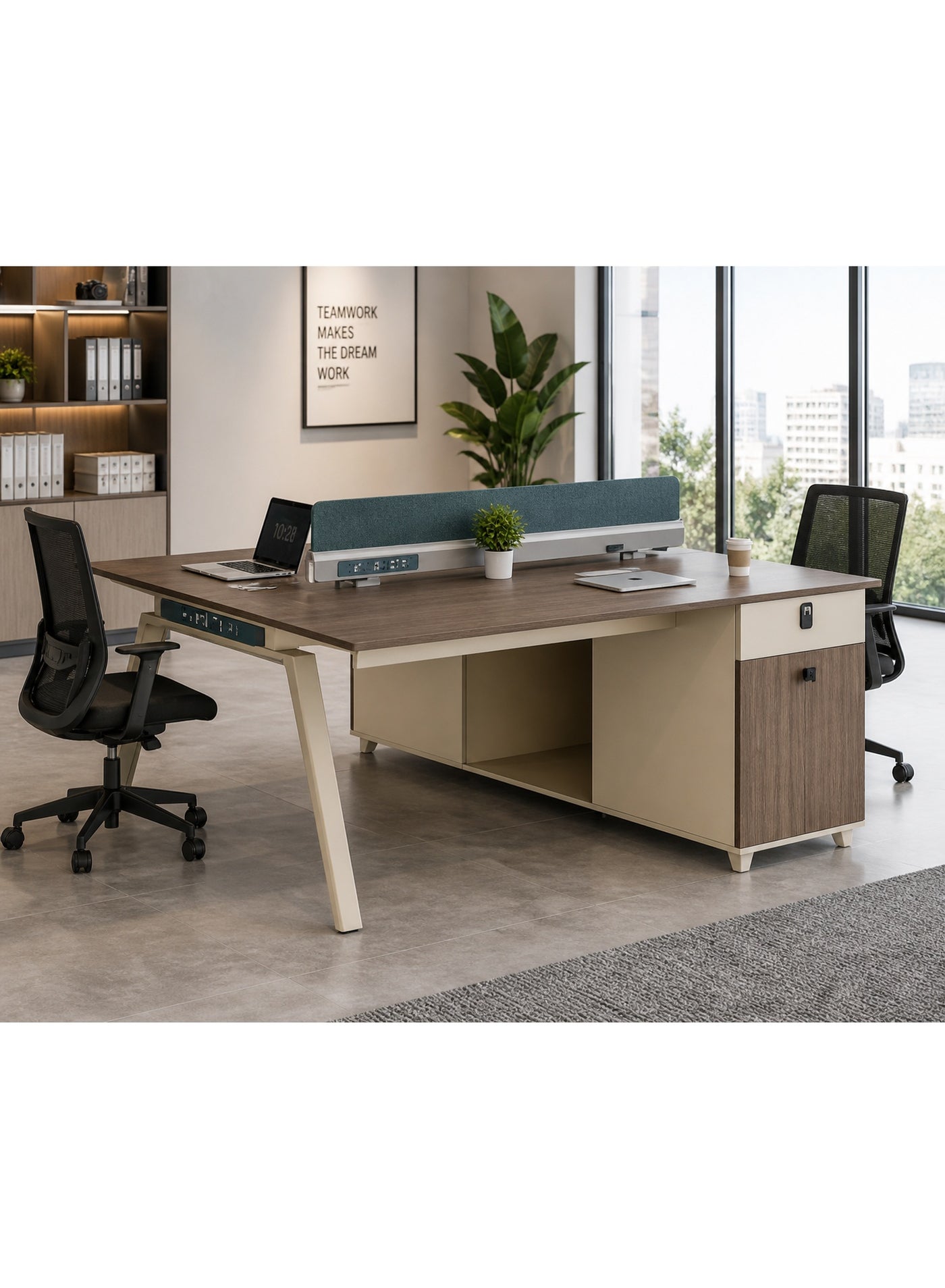2-Person Office Desk Workstation | Face-to-Face Double Work Table with Storage Cabinet | Modern Wooden Desk for Office & Home