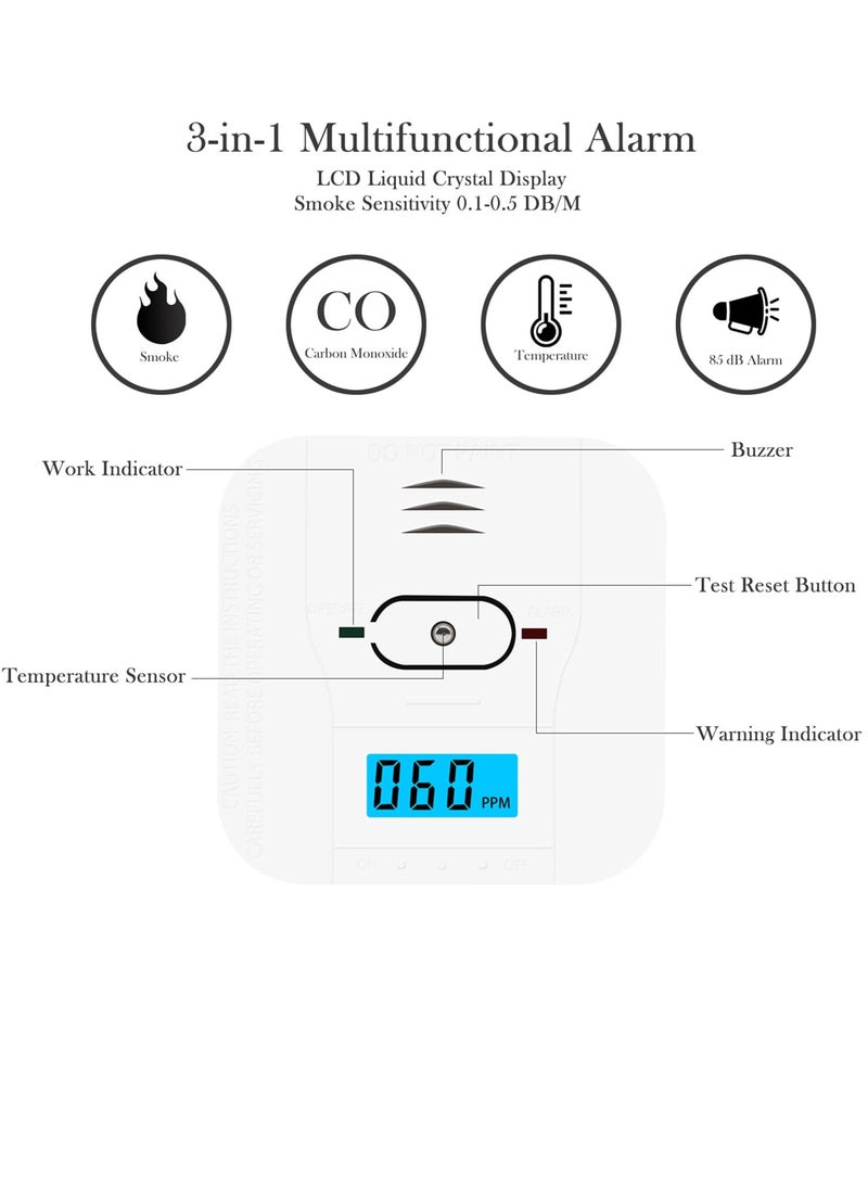 SOLARAE Combination and Carbon Monoxide Alarm Detector, 3 in1 Temperature 85 dB High Decibel Battery Operated with LCD Display - Image 4