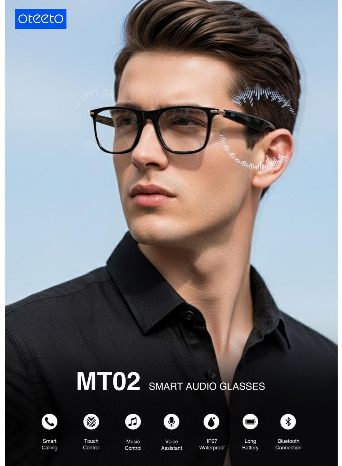 Oteeto MT02 Smart Audio Glasses with Bluetooth Calling Touch Control, Voice Assistant & IP67 Waterproof for Ladies and Gents Black