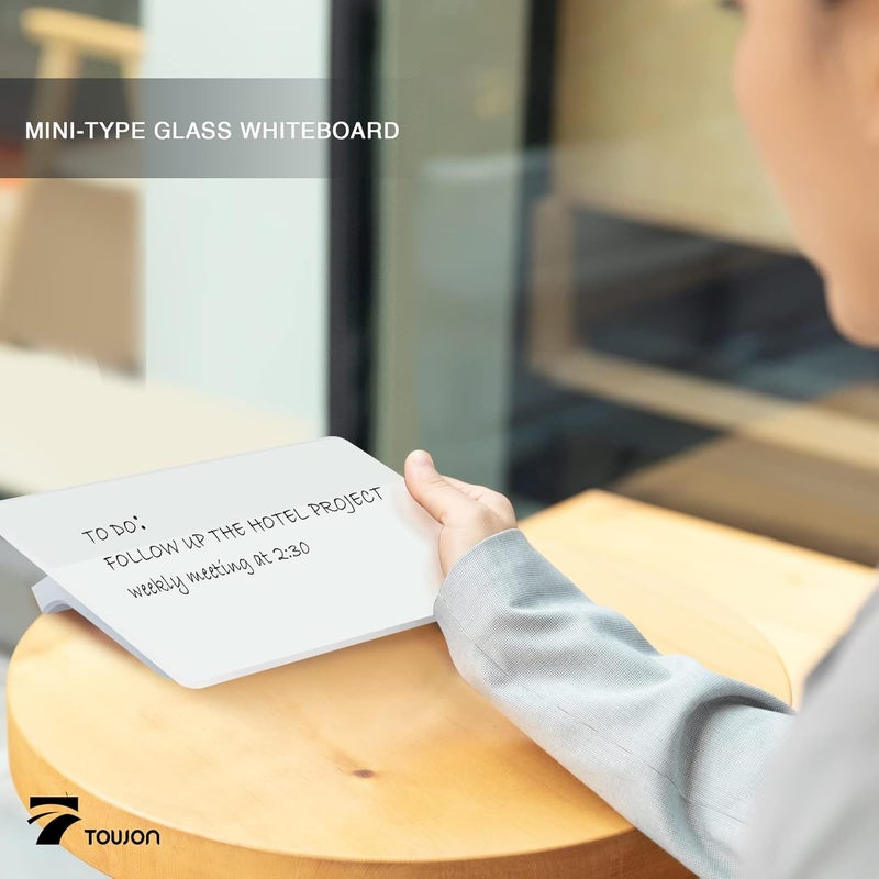 TOWON لوح تدوين زجاجي صغير قابل للمسح الجاف من TOWON، لوح أبيض للمكتب مزود بقاعدة، مجموعة ألواح دعم للوح الكتابة الأبيض الصغير، أداة للتدوين السريع للاستخدام في المكاتب والمنازل والمدارس، مقاس 8×6 بوصات، لون أبيض - Image 2