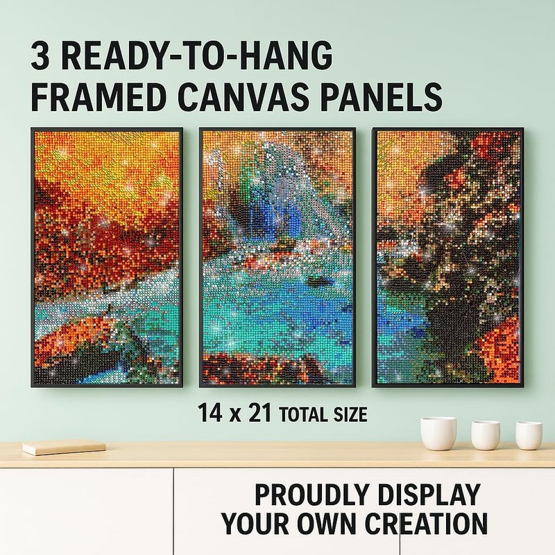 ArtSkills Diamond Painting Kit, Diamond Art on Framed Canvas with Gem Storage Case and Accessory Kit, Waterfall, 3 Stretched Canvas Panels, 14â€ x 7â€ Each - Image 3
